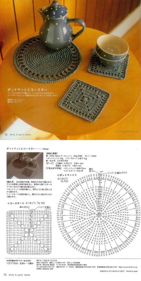 Scanned image of a book page with a crochet diagram for a coaster and placemat